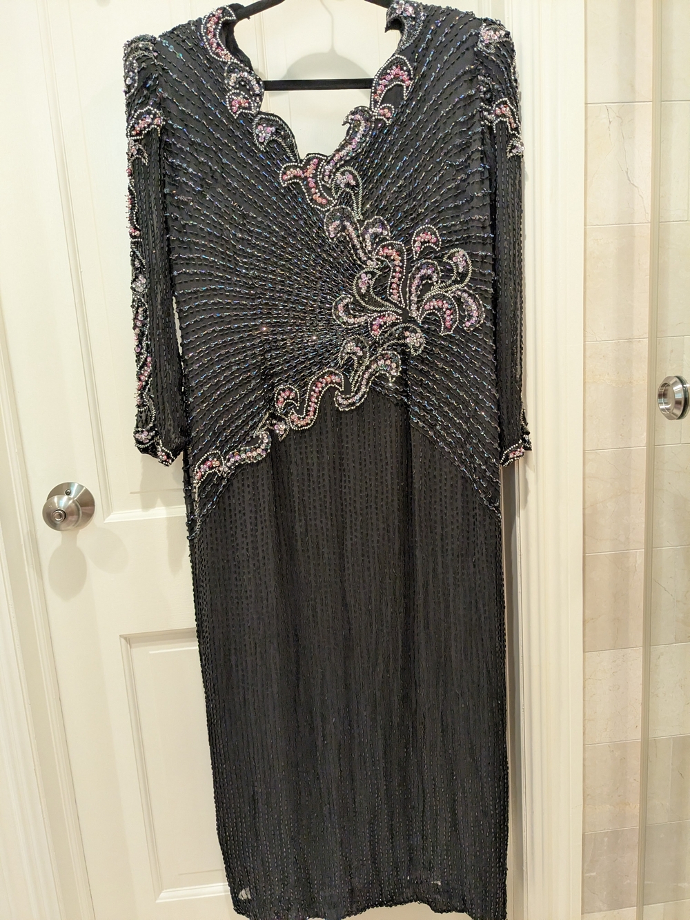 Elegant Silk Black Sequin & Beaded Evening Gown, Worn Once!